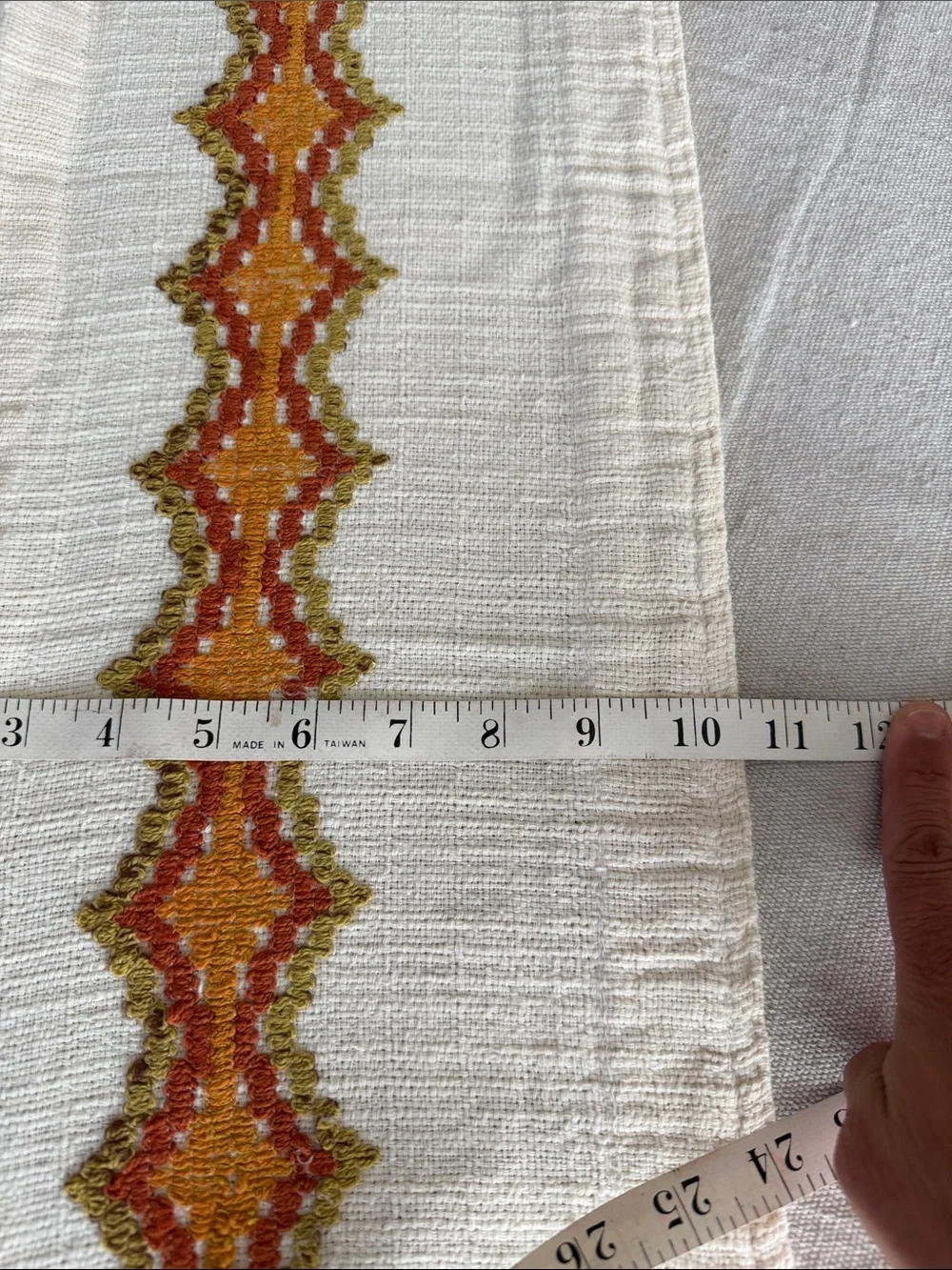 1970’s Boho MCM Cafe Curtain Valances in Cream & Embroidered Oranges and Green